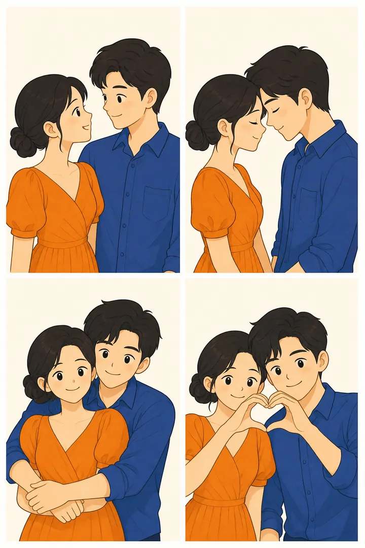 ภาพประกอบ 4 เฟรมท่ากับแฟน: มองหน้ากันแล้วยิ้ม หน้าผากชนกันหลับตา กอดจากด้านหลังแล้วมองกล้องทั้งคู่ ต่างคนใช้มือข้างเดียวทำครึ่งหัวใจมาประกบกันตรงกลาง