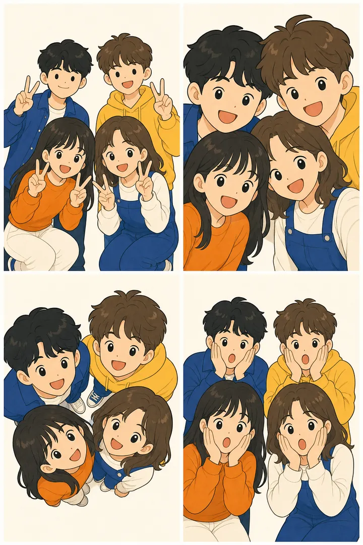 ภาพประกอบ 4 เฟรมท่า 4 คน: สองคนหน้านั่งยองสองคนหลังยืนชูสองนิ้ว หน้าสี่คนเบียดกันกลางเฟรม มุมจากด้านบนสี่คนล้อมวงเงยหน้ามอง ทุกคนเอามือจับแก้มทำหน้าตกใจ